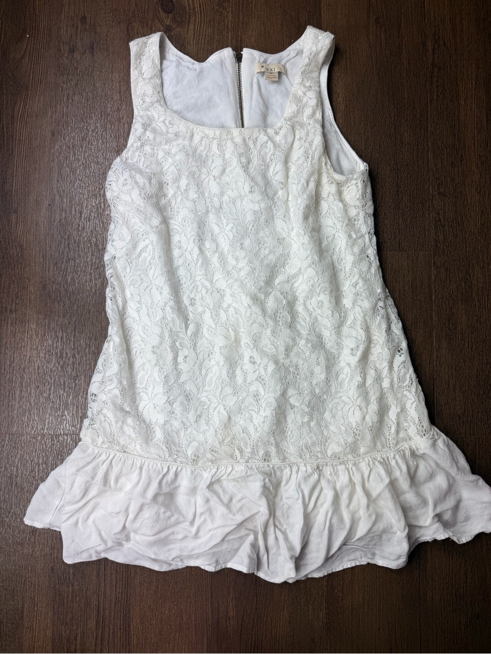 White Lace Ruffle Hem Mini Dress